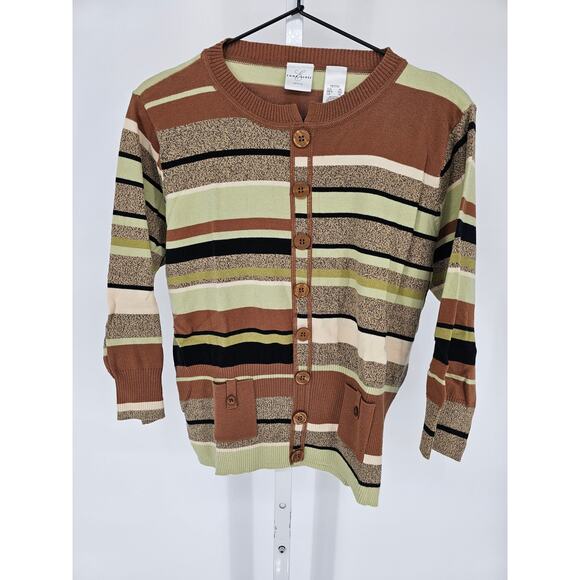 Emma James Womens Sz PXL Petite Cardigan Sweater Striped Brown Green Lightweight - Picture 1 of 4